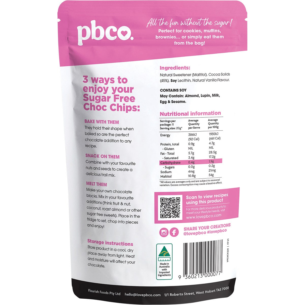 PBCO Chocolate Chips 98% Sugar Free 220g - Cutprice Online