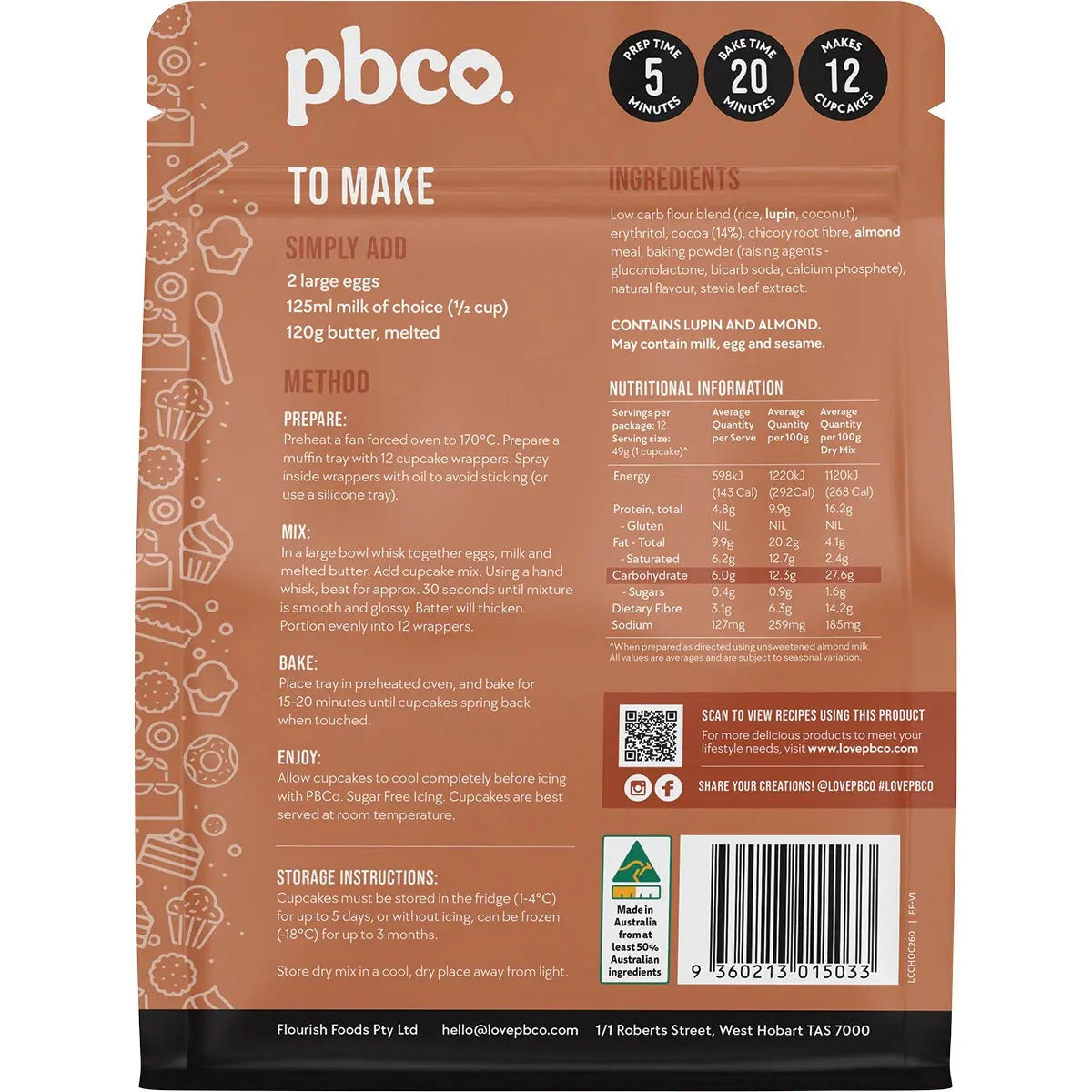 PBCO Chocolate Cupcake Mix Low Carb 260g PBCO