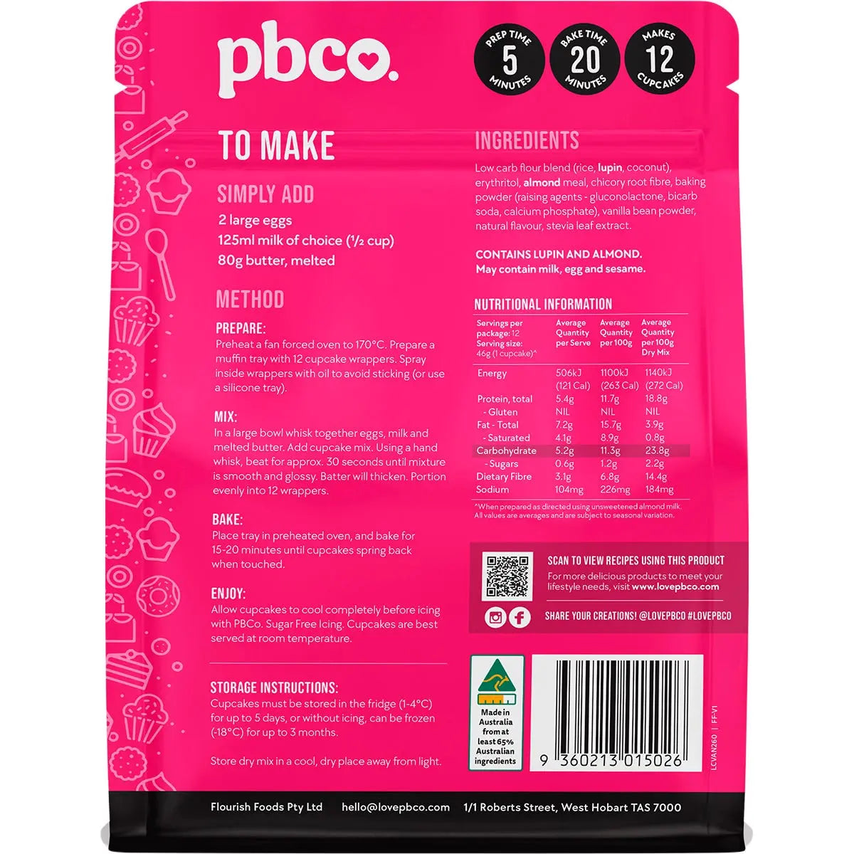 PBCO Vanilla Cupcake Mix Low Carb 260g PBCO