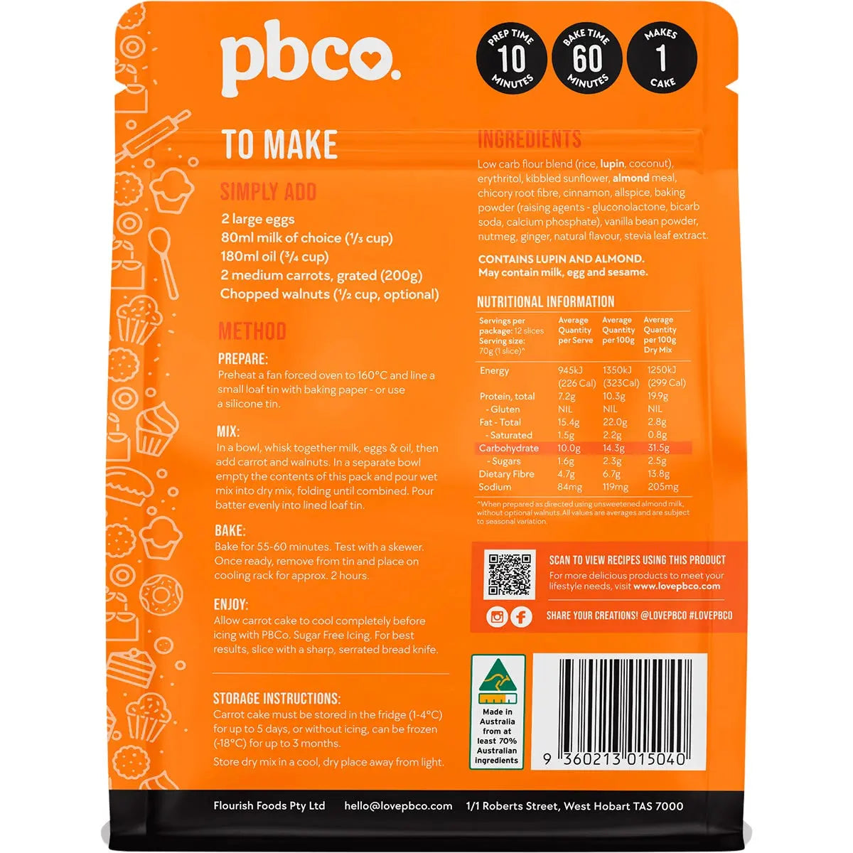 PBCO Carrot Cake Mix Low Carb 350g PBCO