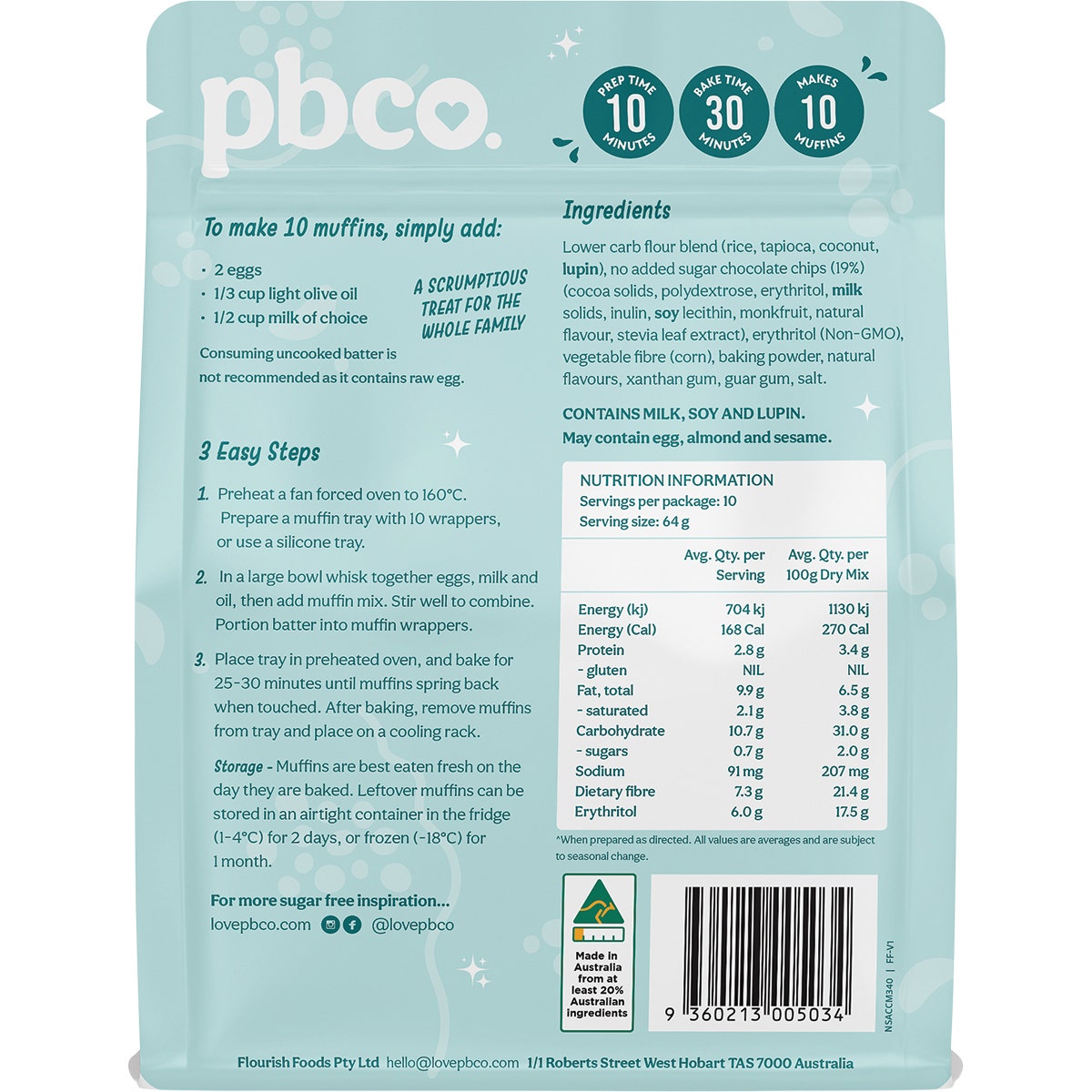 PBCO Choc Chip Muffin Mix No Sugar Added 340g - Cutprice Online