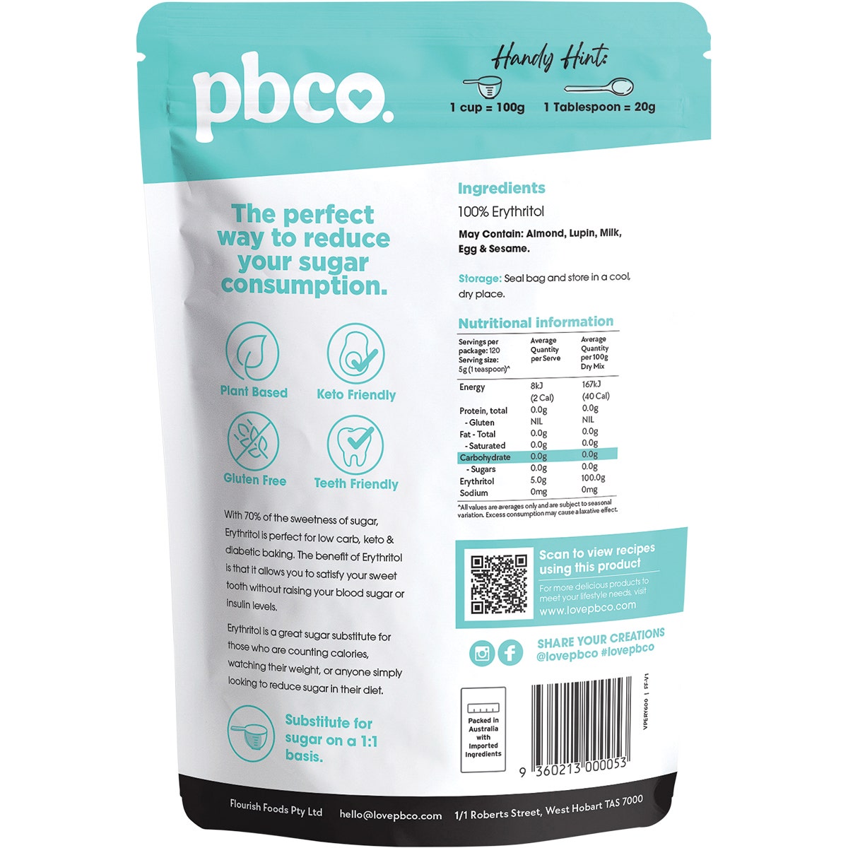 PBCO Erythritol Natural Sweetener 600g PBCO