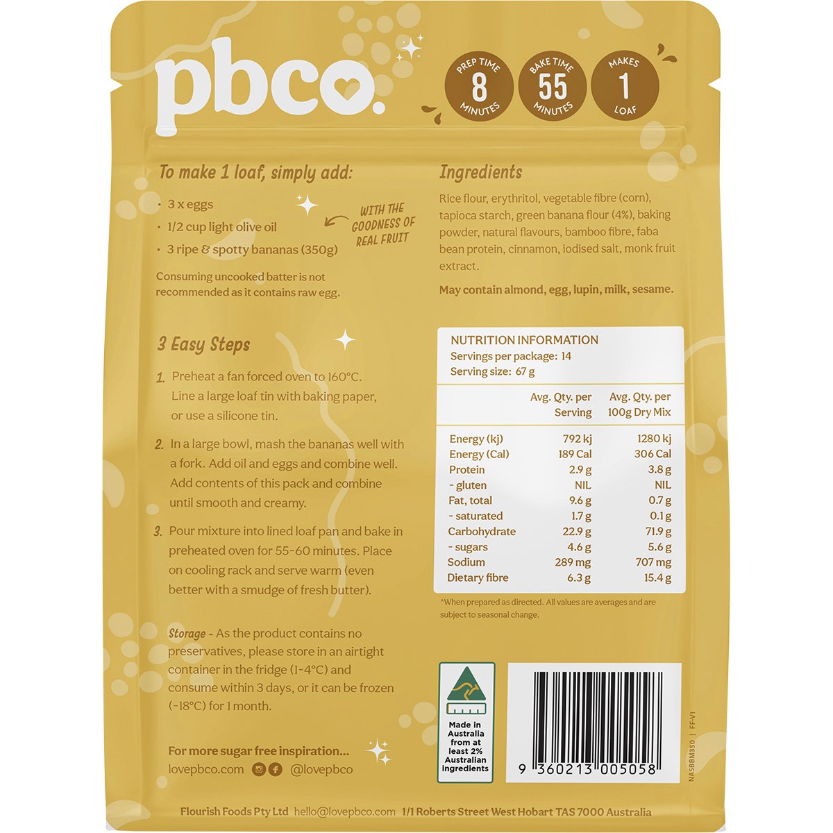PBCO Banana Bread Mix 94% Sugar Free 350g - Cutprice Online