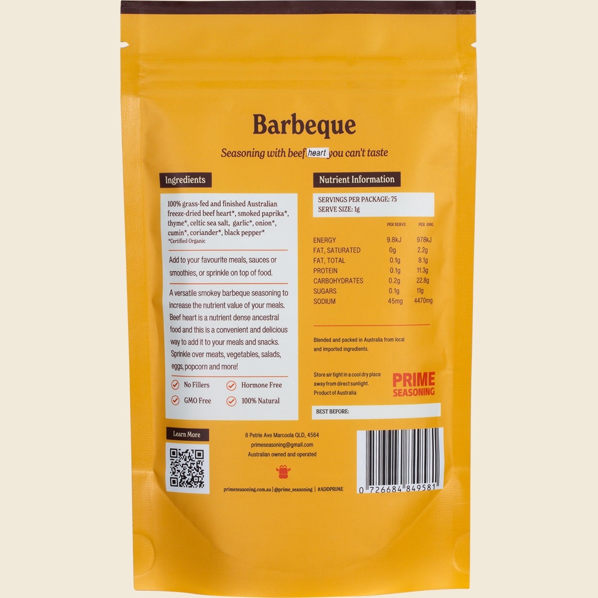 Prime Seasoning Organic Barbeque Seasoning with Beef Heart 75g