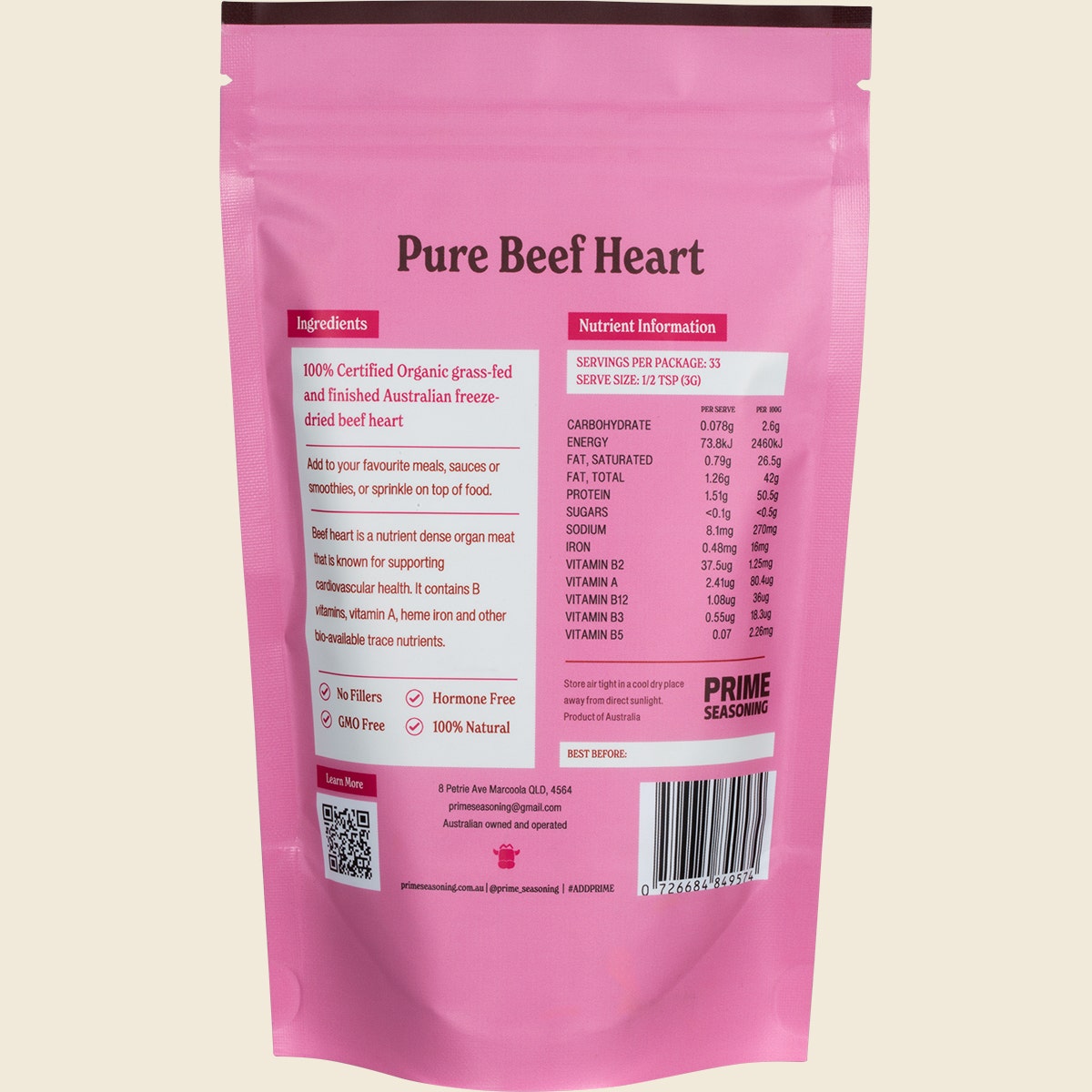 Prime Seasoning Organic Pure Freeze Dried Beef Heart Powder 100g