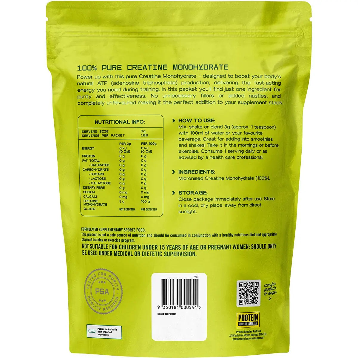 PROTEIN SUPPLIES AUSTRALIA Creatine (Monohydrate) Pure 500g PROTEIN SUPPLIES AUSTRALIA