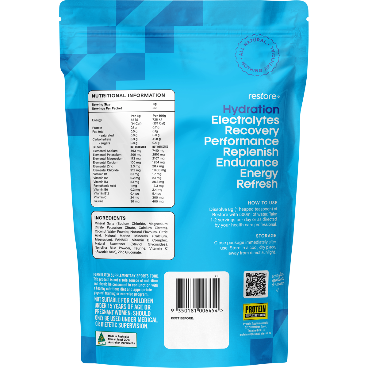 Protein Supplies Australia Restore Electrolyte Drink Mix Blue Raspberry 240g