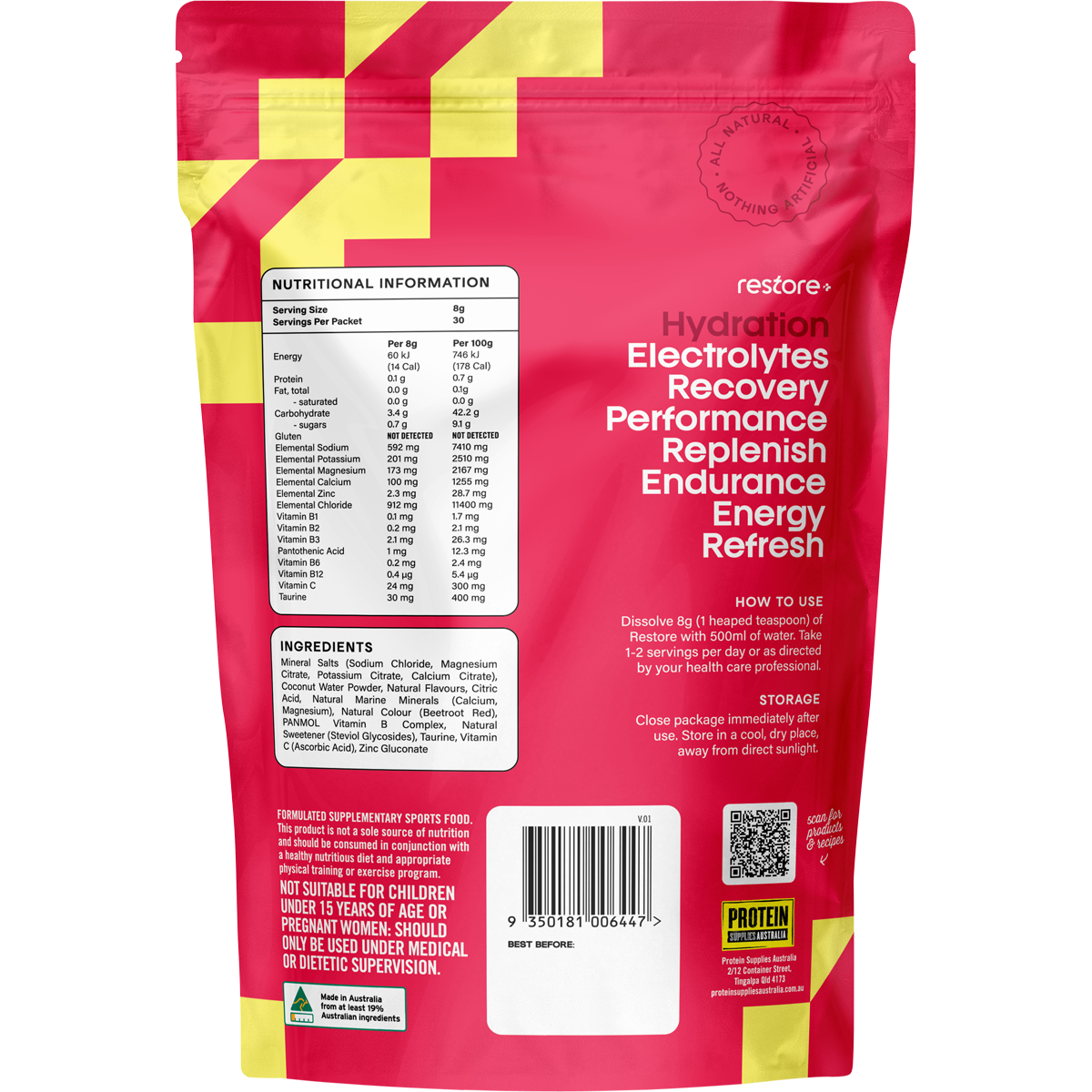 Protein Supplies Australia Restore Electrolyte Drink Mix Raspberry Lemonade 240g