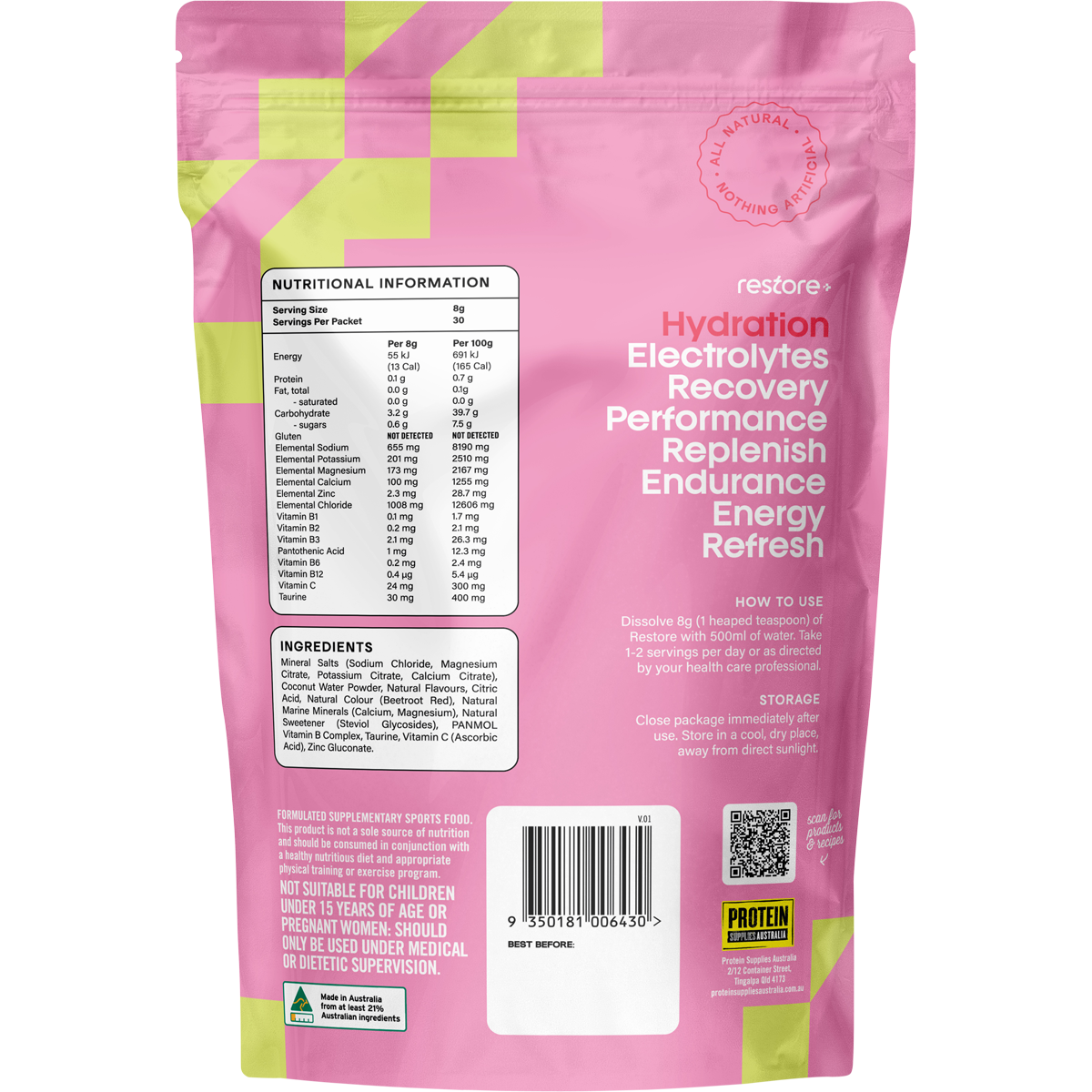 Protein Supplies Australia Restore Electrolyte Drink Mix Strawberry & Lime 240g