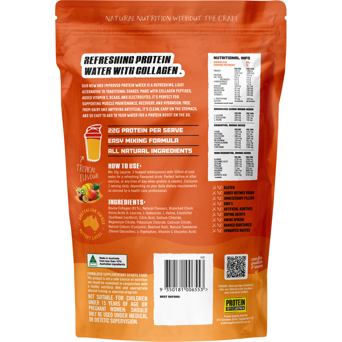 Protein Supplies Australia Collagen Protein Water With Electrolytes Tropical 300g