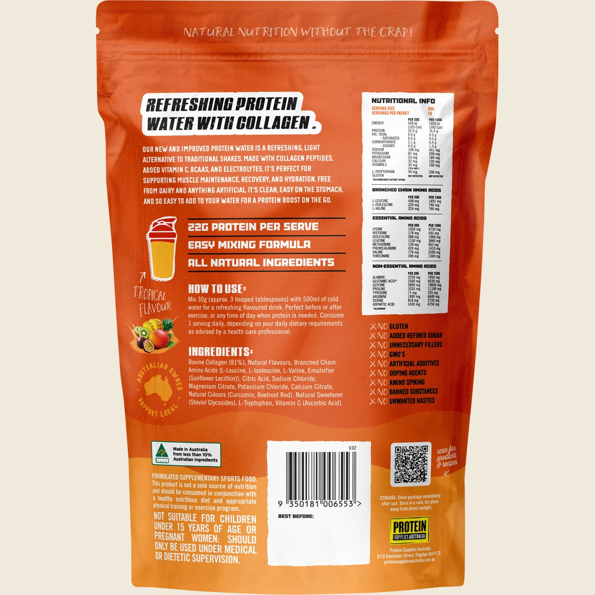 Protein Supplies Australia Protein Water with Collagen & Electrolytes Tropical 300g