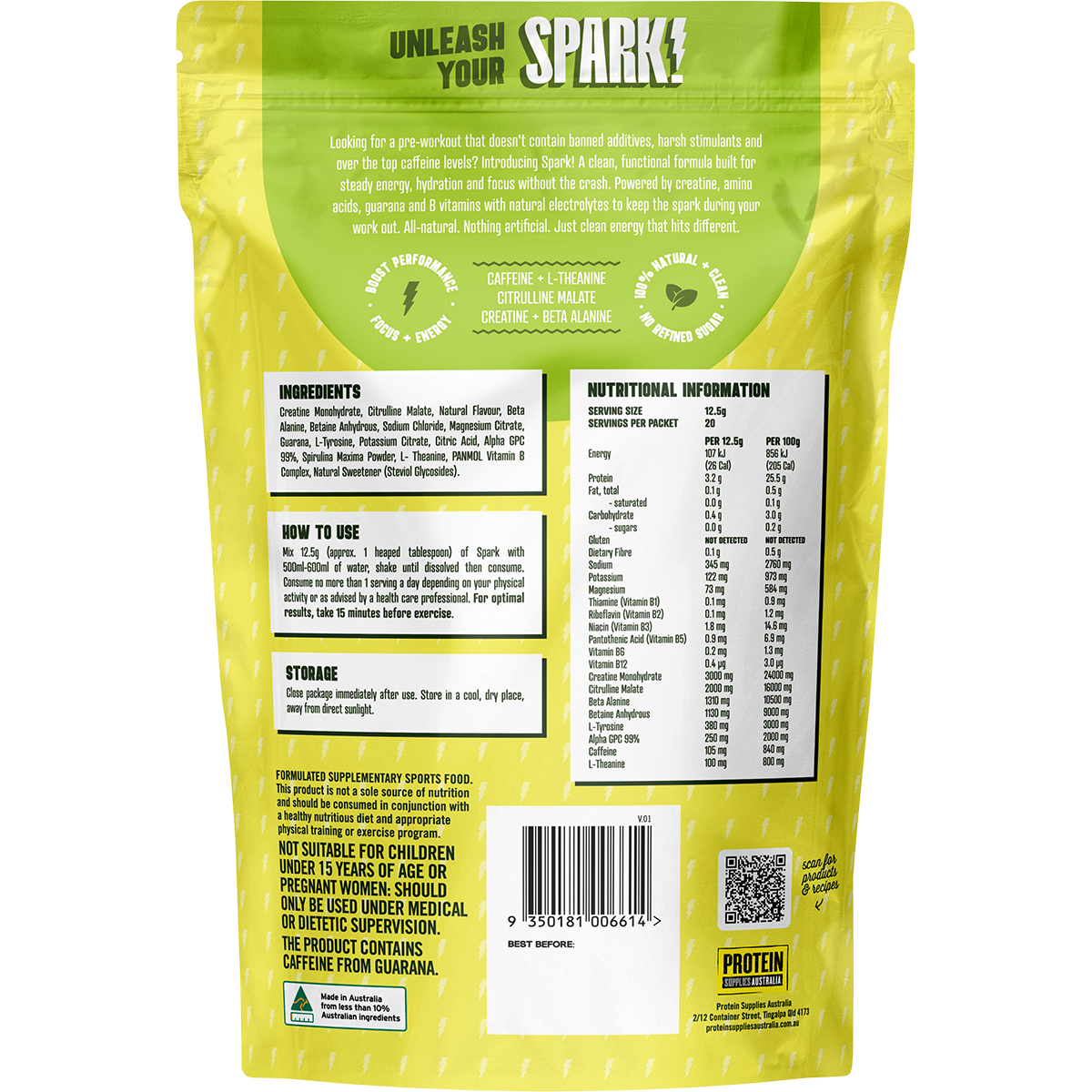 Protein Supplies Australia Spark Pre-Workout Sour Apple 250g
