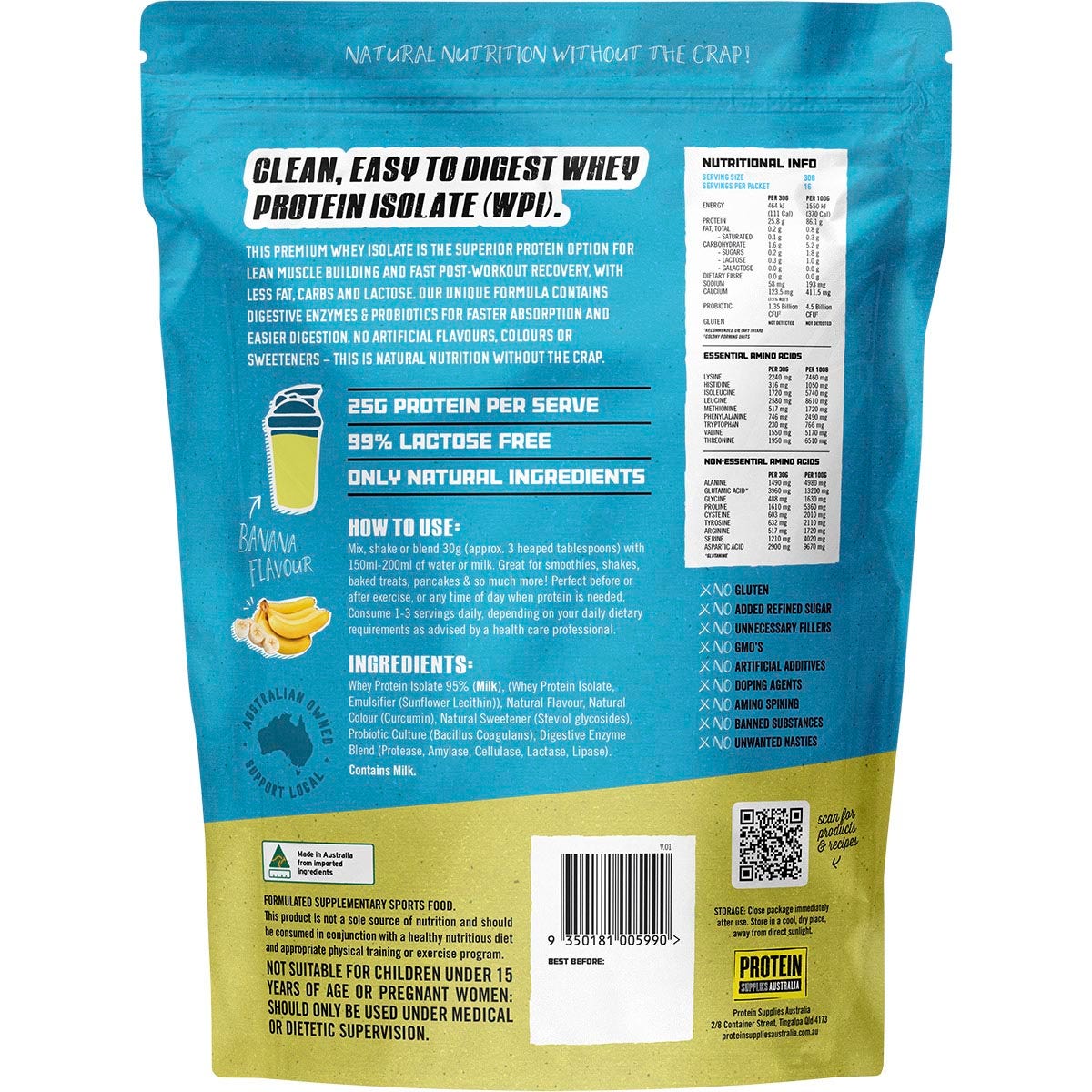 Protein Supplies Australia Wpi Whey Protein Isolate Banana 500g