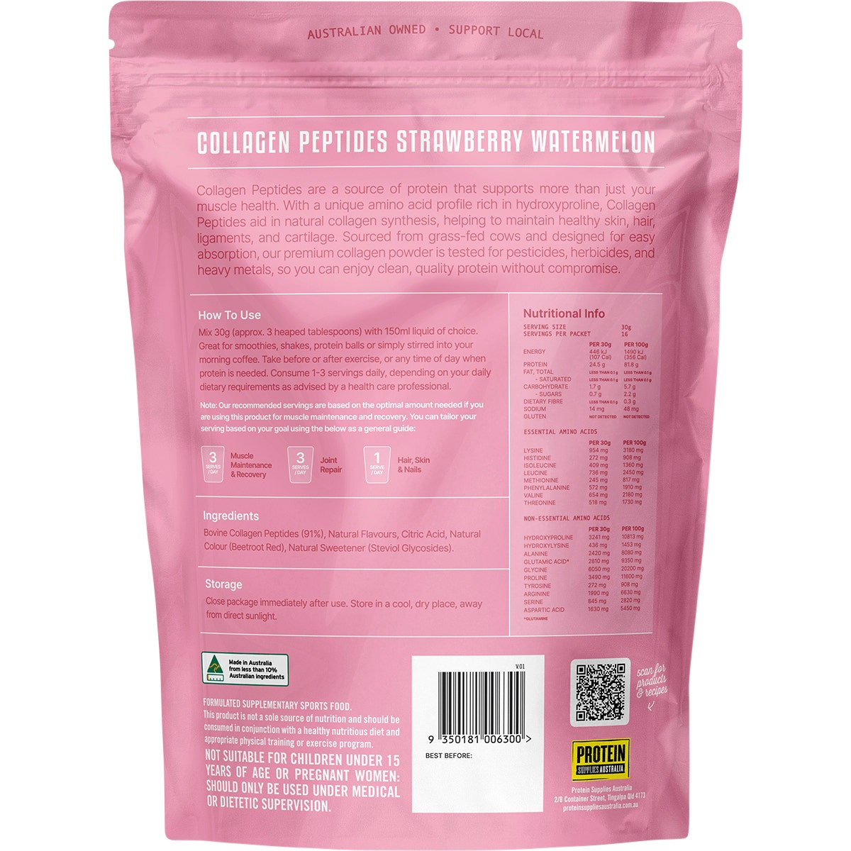 Protein Supplies Australia Grass Fed Collagen Strawberry Watermelon 500g - Cutprice Online