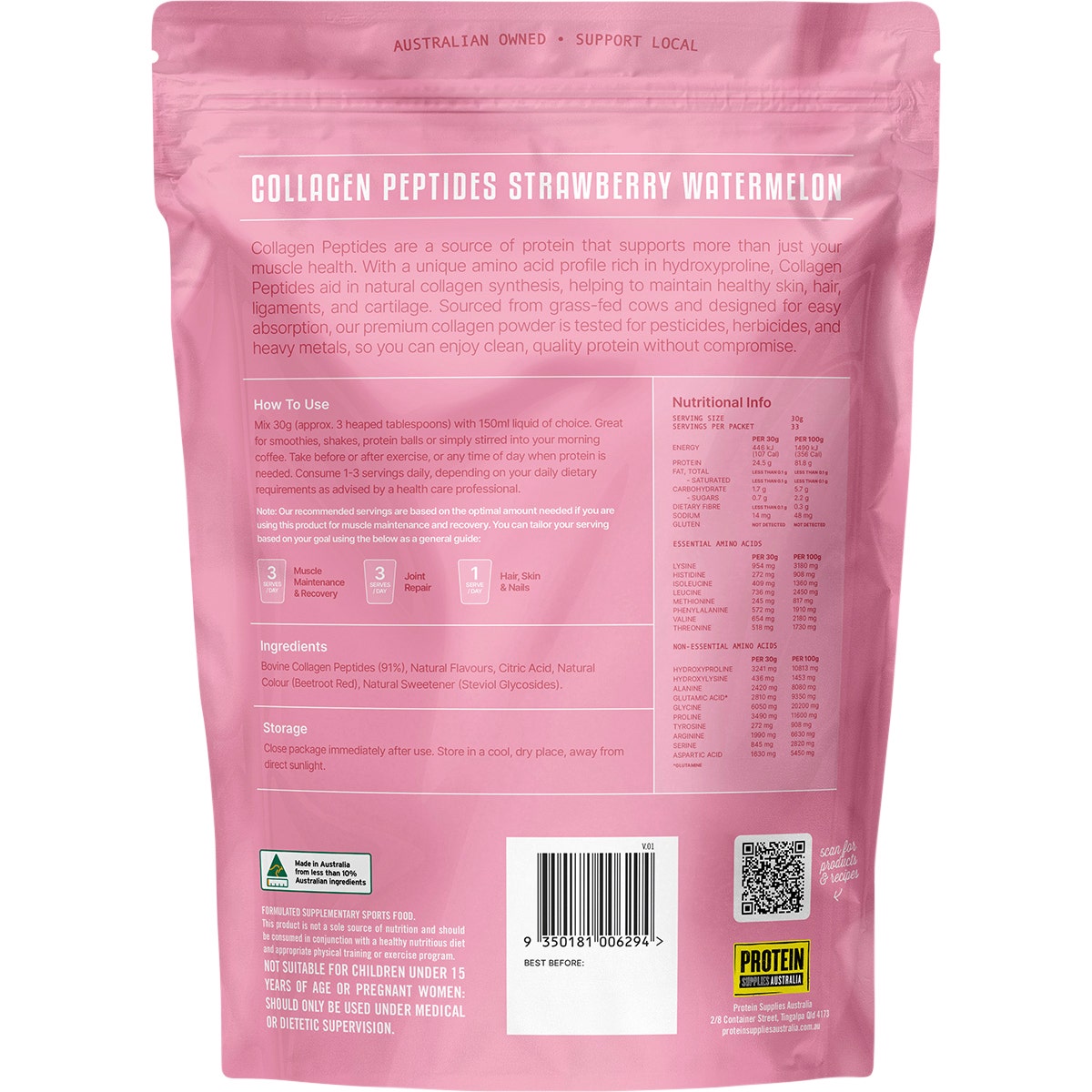Protein Supplies Australia Grass Fed Collagen Strawberry Watermelon 1kg - Cutprice Online