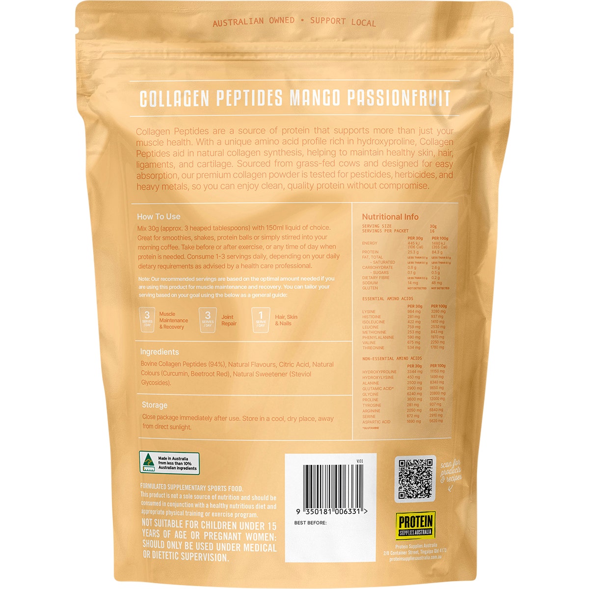Protein Supplies Australia Grass Fed Collagen Mango Passionfruit 500g - Cutprice Online