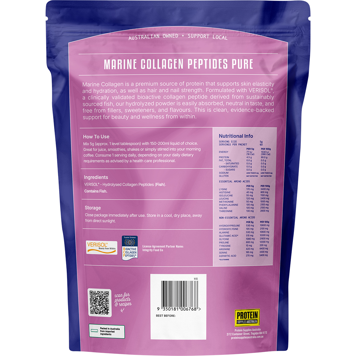Protein Supplies Australia Unflavoured Marine Collagen Peptides 300g