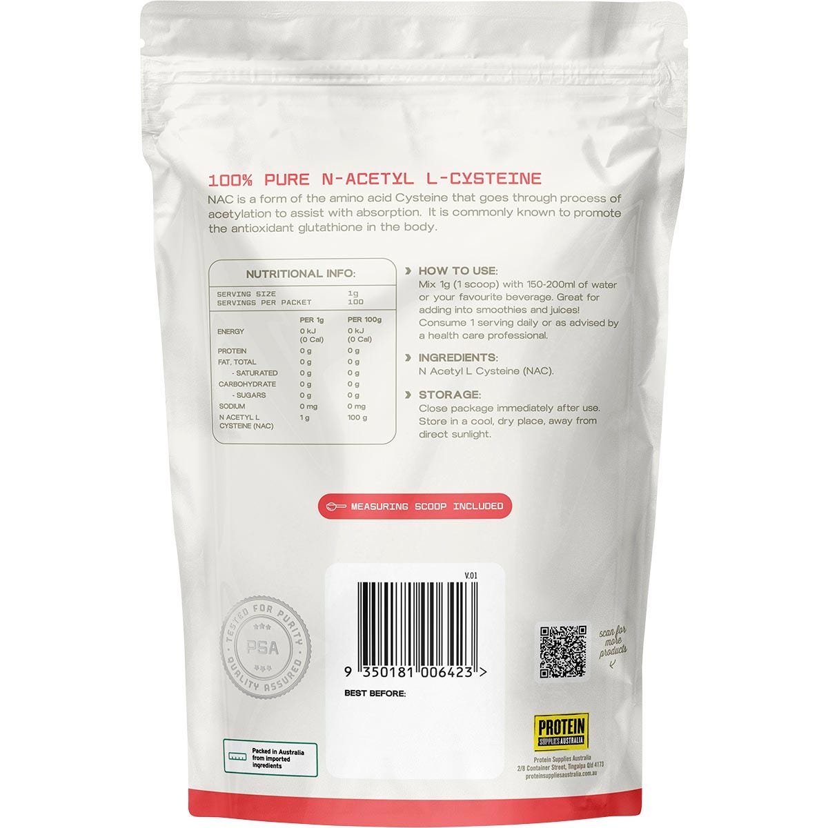 Protein Supplies Australia NAC Unflavoured 100g - Cutprice Online