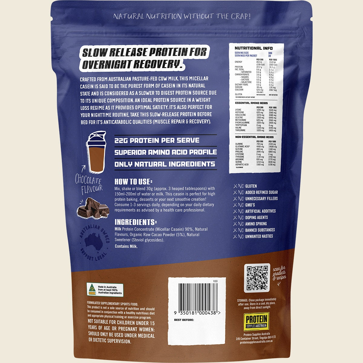 Protein Supplies Australia Micellar Casein Protein Chocolate 1kg
