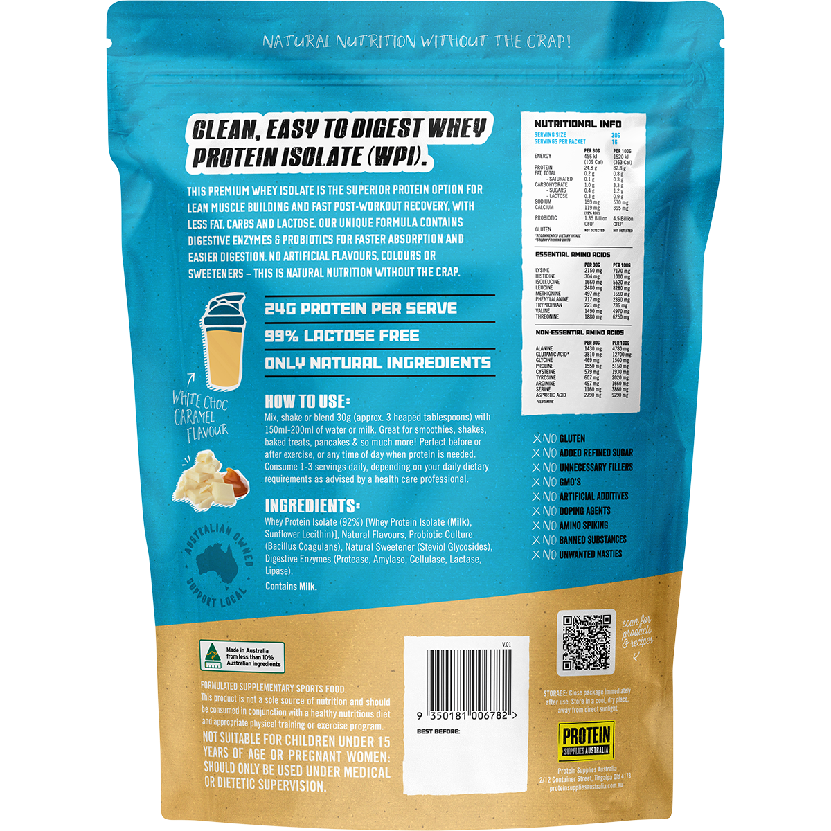 Protein Supplies Australia Whey Protein Isolate White Choc Caramel 500g