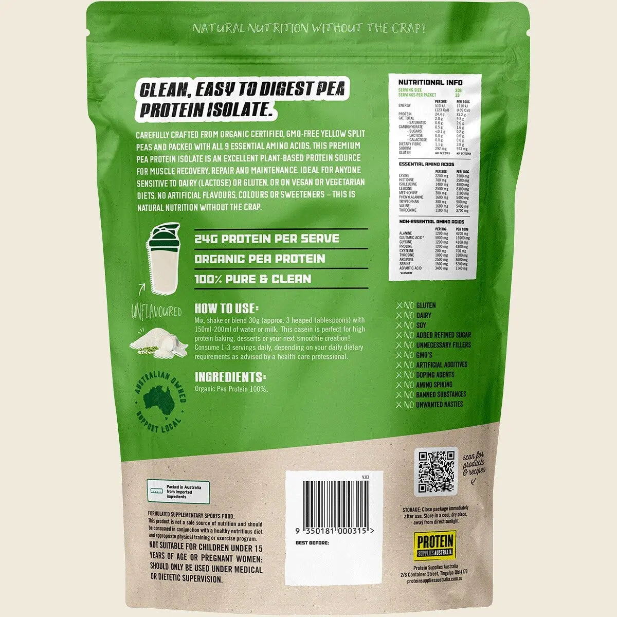 PROTEIN SUPPLIES AUSTRALIA PeaPro (Raw Pea Protein) Pure 1kg PROTEIN SUPPLIES AUSTRALIA