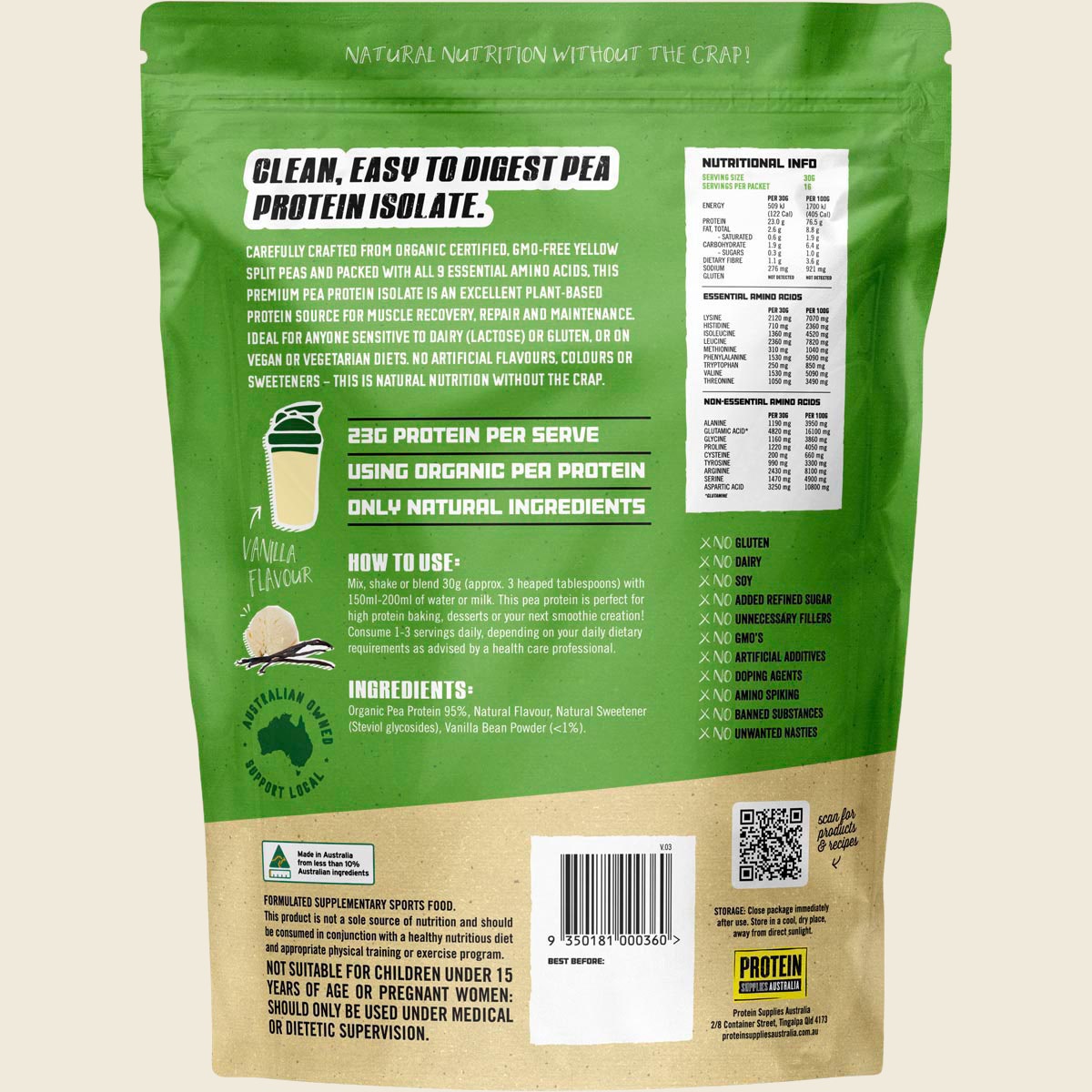 Protein Supplies Australia Protein Pea Pro (Raw Organic Pea Protein) Vanilla Bean 500g - Cutprice Online