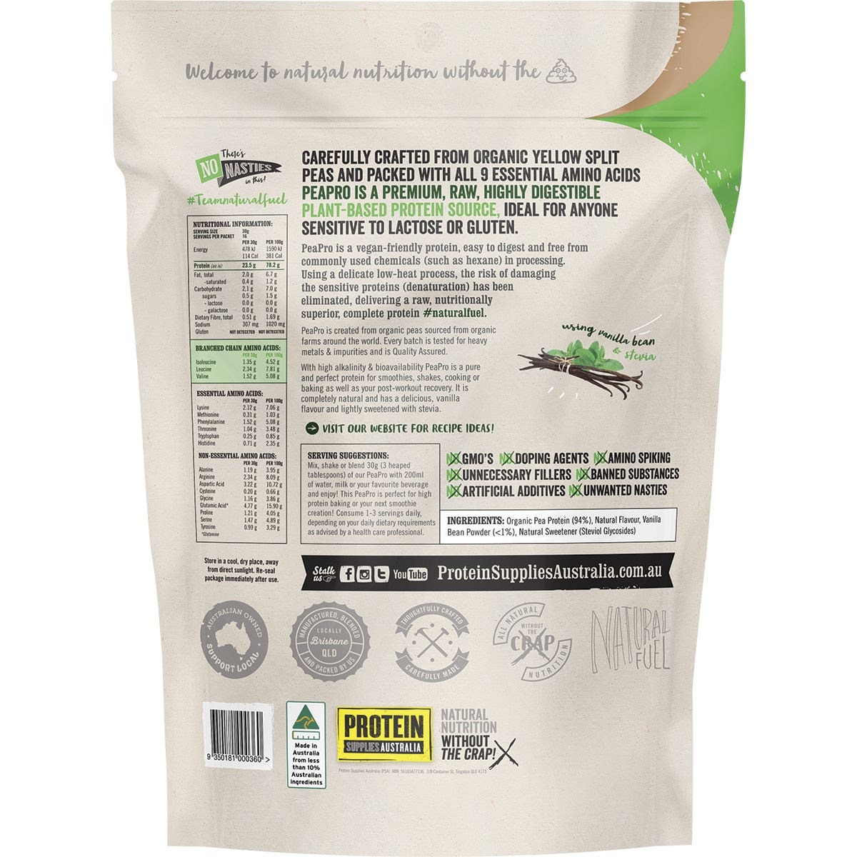 Protein Supplies Australia Protein Pea Pro (Raw Organic Pea Protein) Vanilla Bean 500g - Cutprice Online