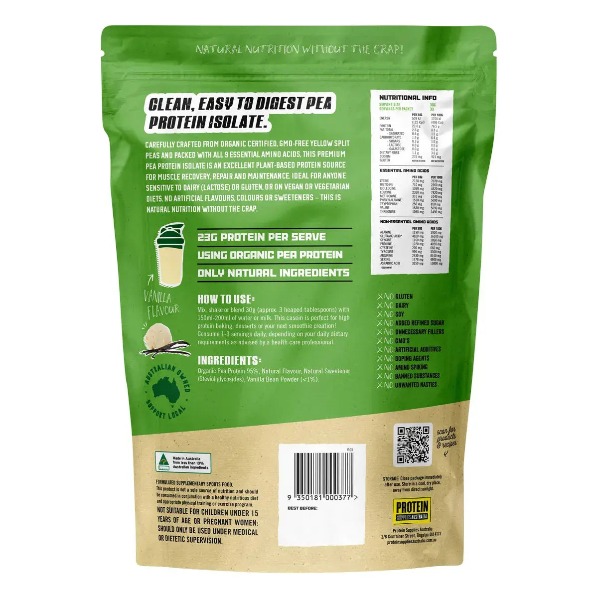 Protein Supplies Australia Pea Protein Isolate Vanilla 1 kg PROTEIN SUPPLIES AUSTRALIA