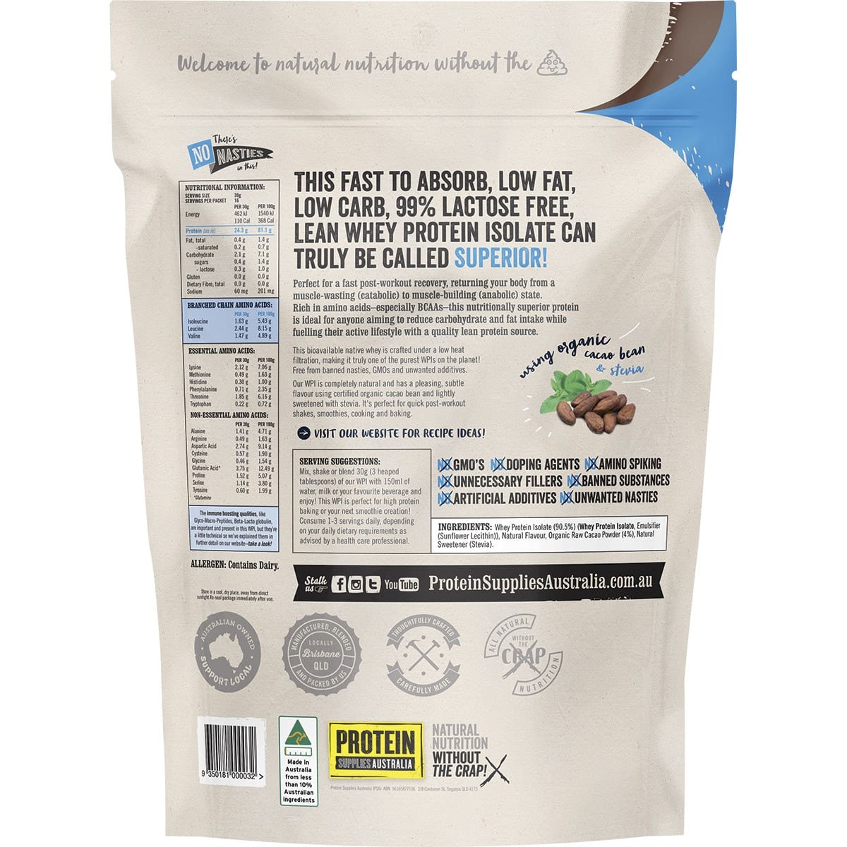 Protein Supplies Australia Protein WPI (Fast Release High Protein) Chocolate 500g - Cutprice Online
