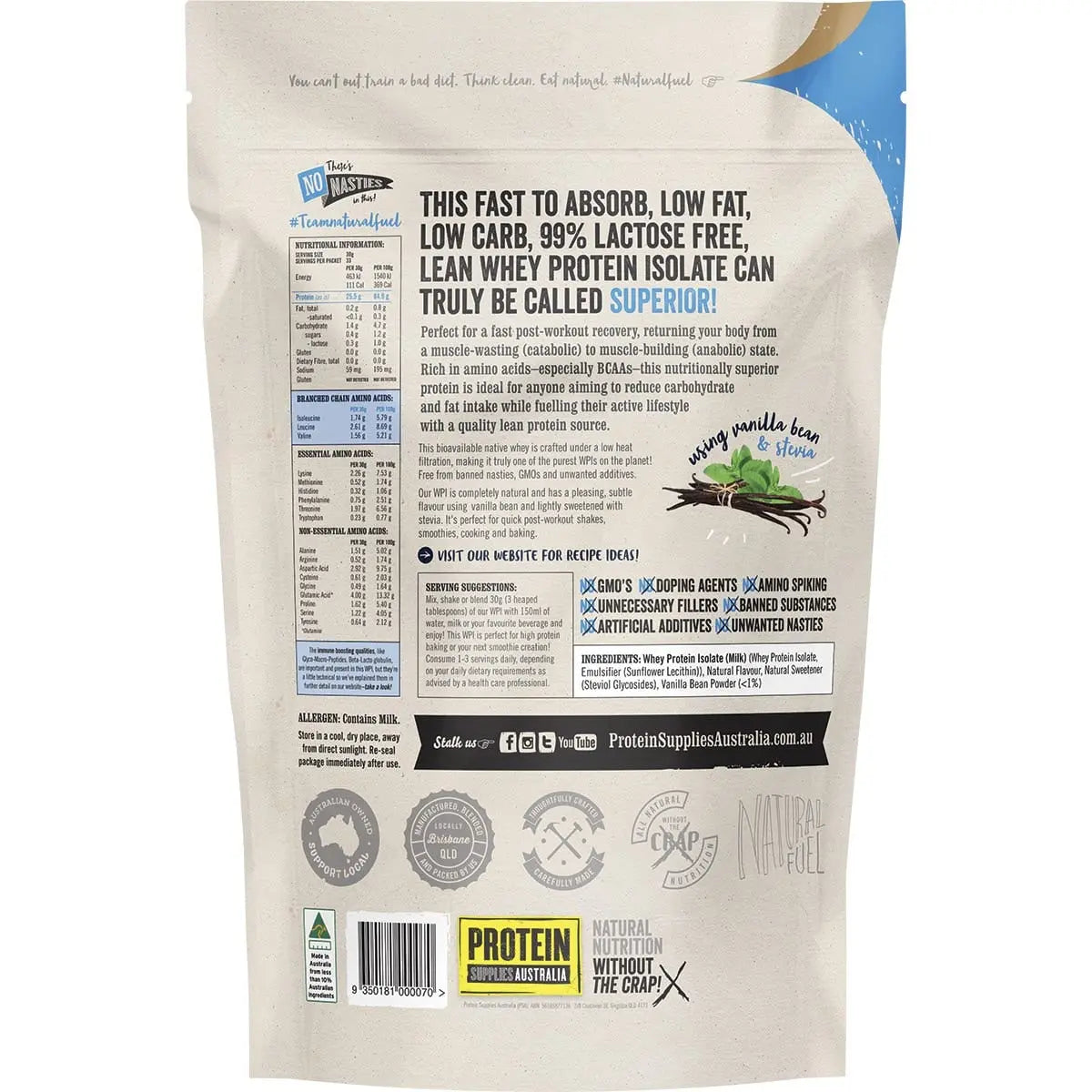 PROTEIN SUPPLIES AUSTRALIA WPI (Whey Protein Isolate) Vanilla Bean 1kg PROTEIN SUPPLIES AUSTRALIA