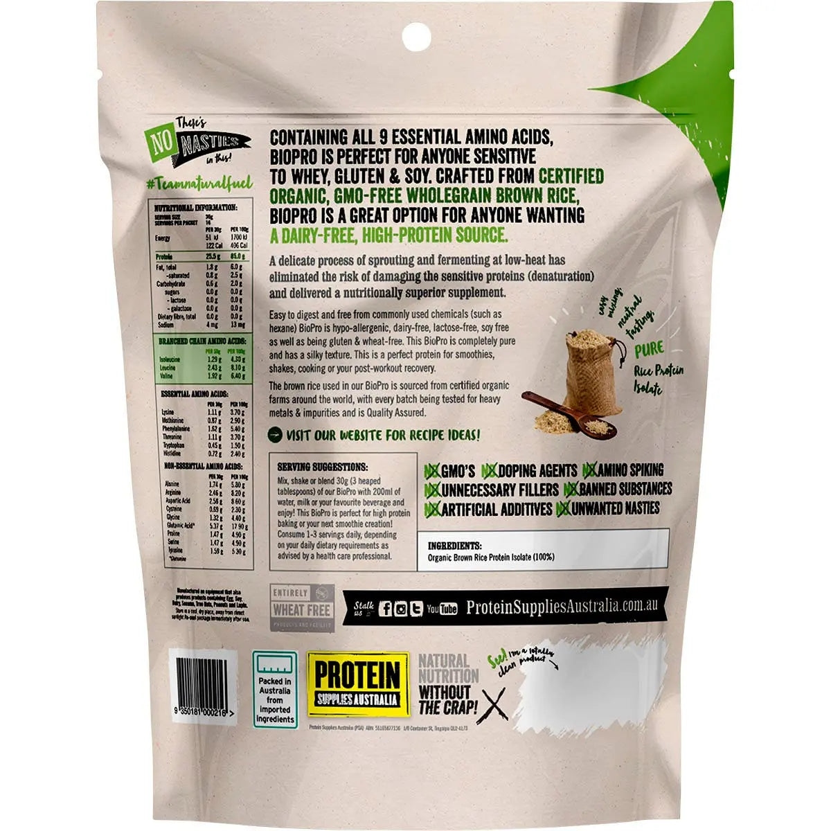 PROTEIN SUPPLIES AUSTRALIA BioPro (Sprouted Brown Rice) Pure 500g PROTEIN SUPPLIES AUSTRALIA