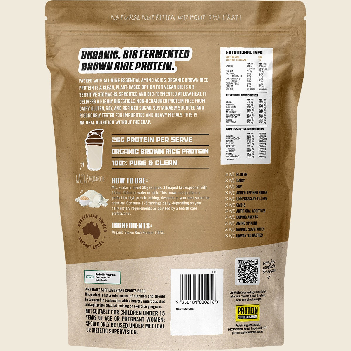 PROTEIN SUPPLIES AUSTRALIA BioPro (Sprouted Brown Rice) Pure 500g