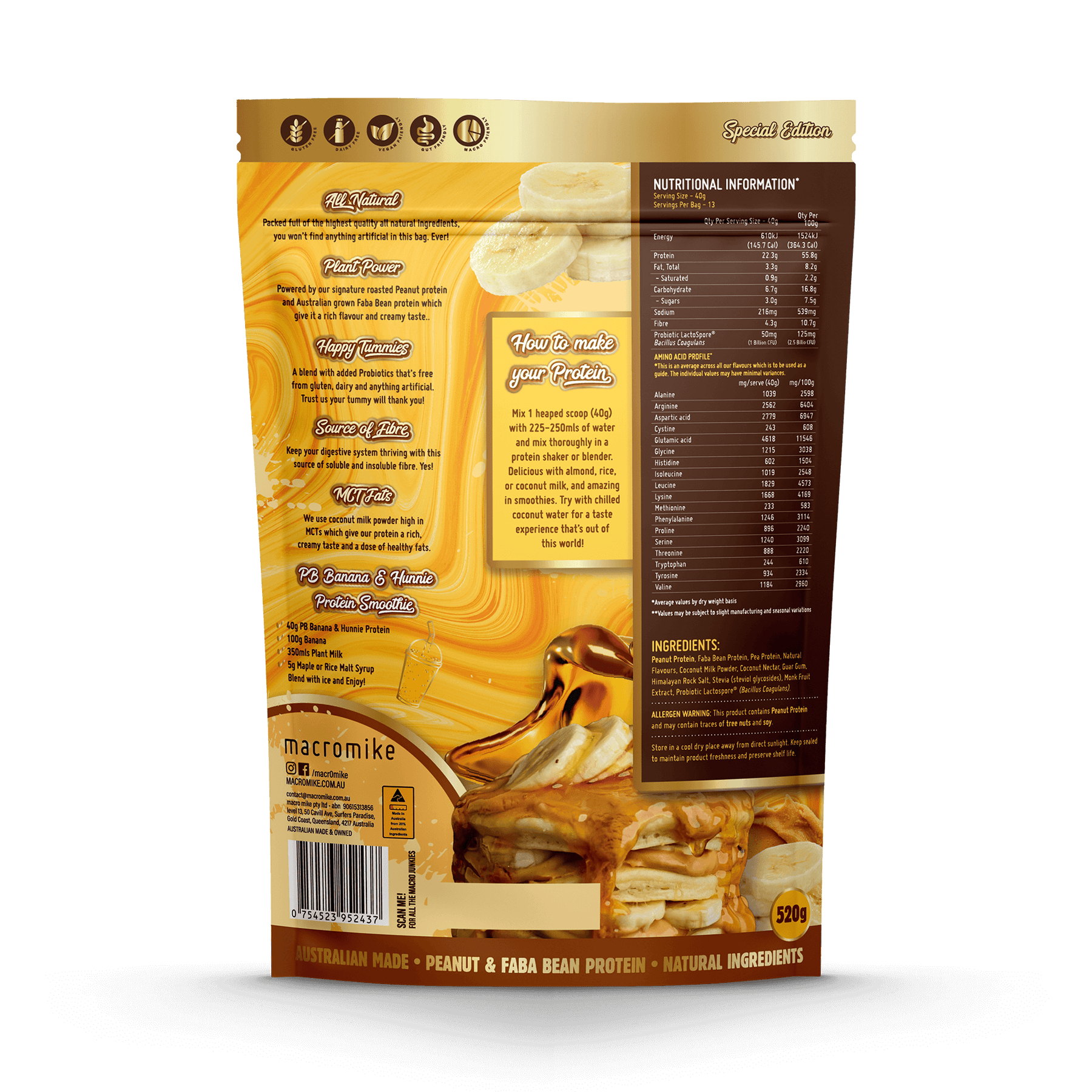 Macro Mike Peanut Plant Protein PB Banana & Hunnie 520g MACRO MIKE