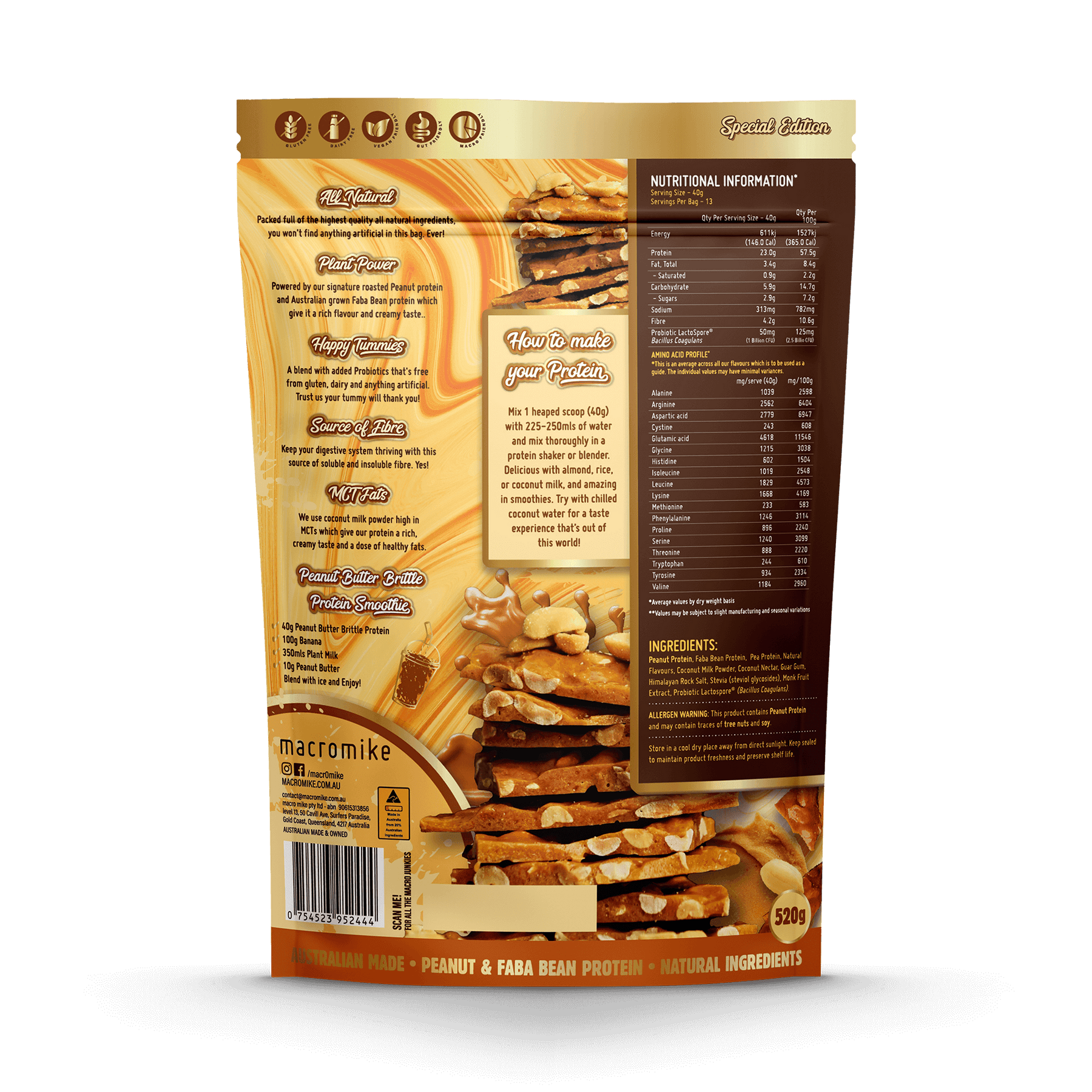 Macro Mike Peanut Plant Protein Peanut Butter Brittle 520g MACRO MIKE