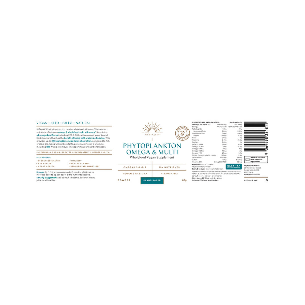 Phytality Phytoplankton Omega & Multi (Wholefood Vegan Supplement) Powder 60g - Cutprice Online
