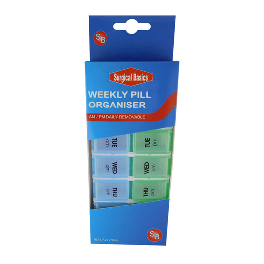 Surgical Basics Pill Box Weekly Pill Planner Removable (2 per day AM/PM) Small (16.8 x 7.2 x2.55cm) - Cutprice Online