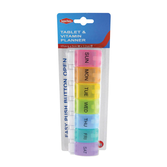 Surgical Basics Pill Box Weekly Pill Planner - 1 Section Per Day (L17cm x W5cm x D3.2cm) - Cutprice Online
