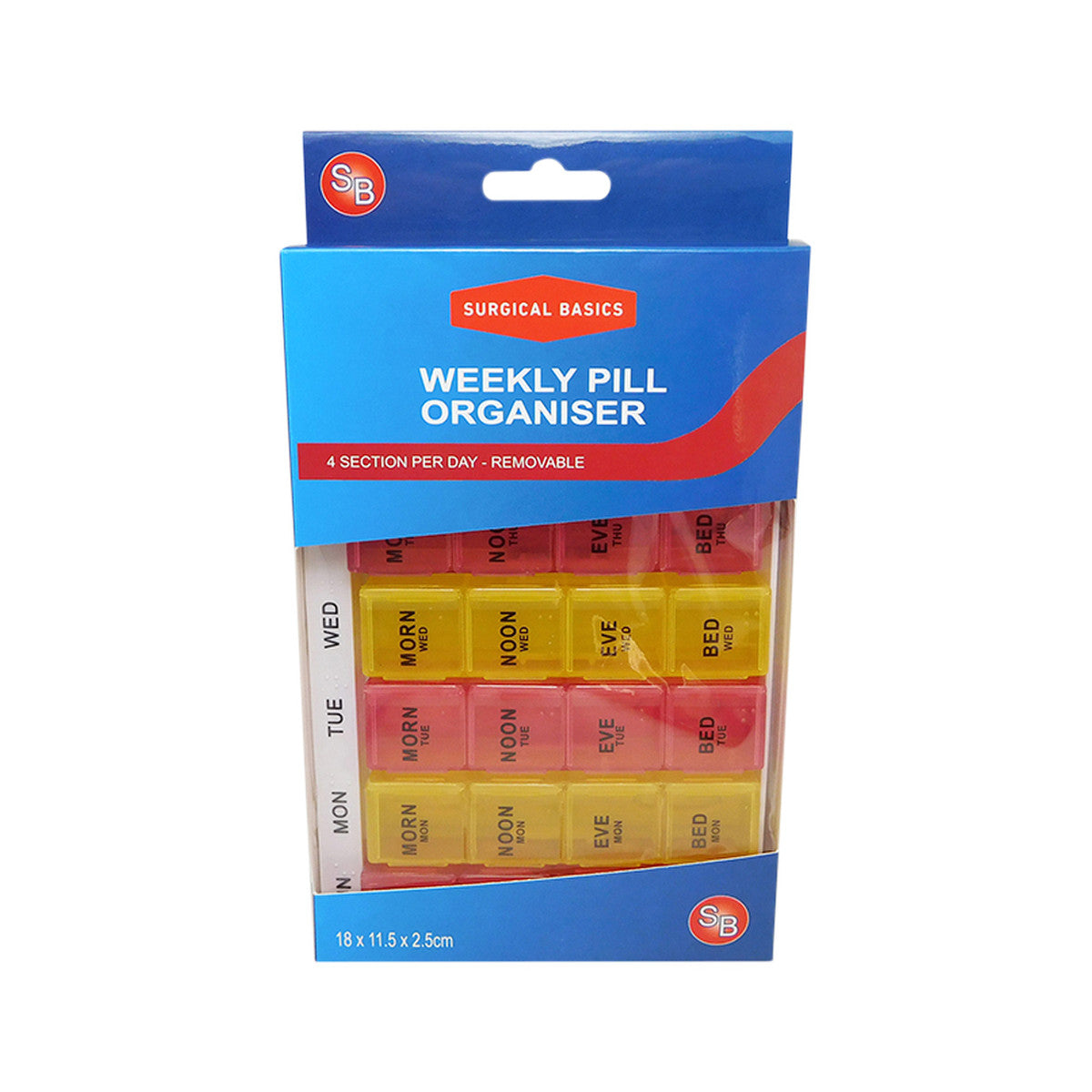Surgical Basics Pill Box Weekly Pill Planner - 4 Sections Per Day (L17cm x W11.5cm x D2cm) - Cutprice Online