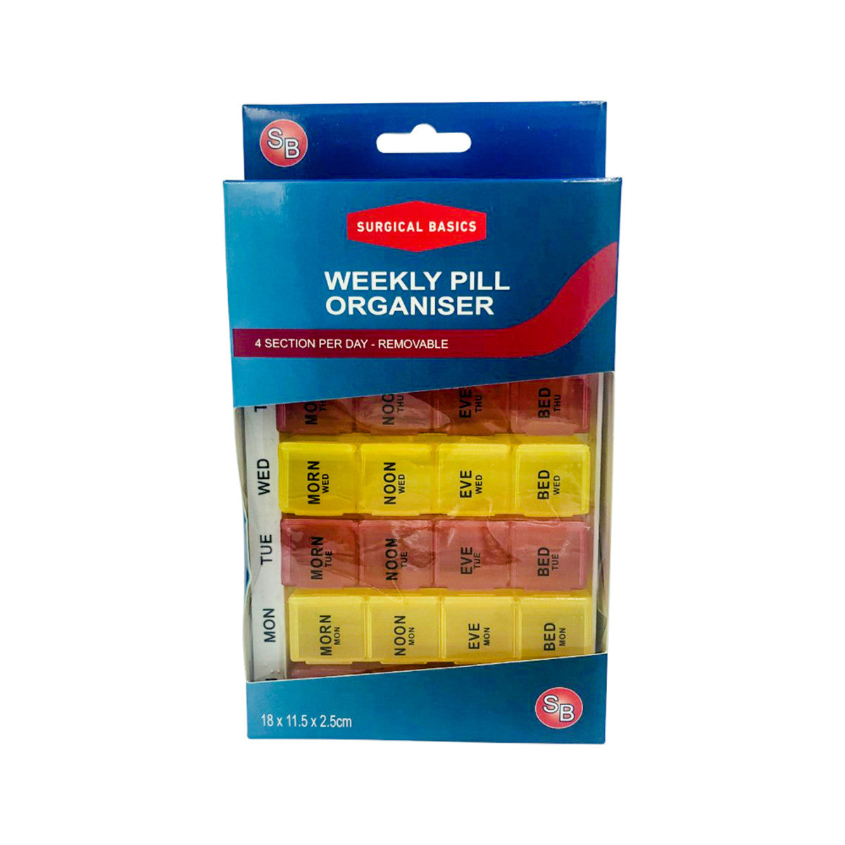 Surgical Basics Pill Box Weekly Pill Planner - 4 Sections Per Day (L17cm x W11.5cm x D2cm) - Cutprice Online