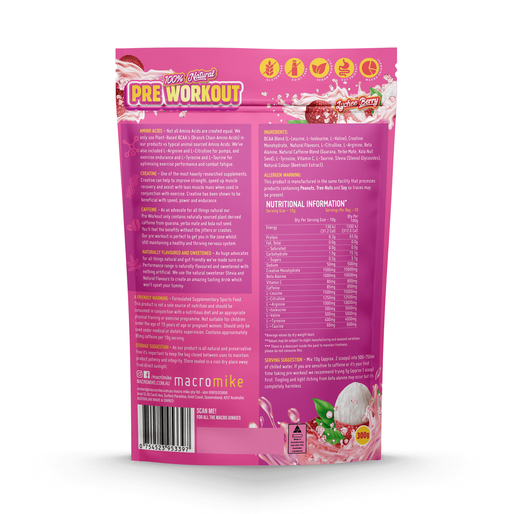 Macro Mike Pre Workout Lychee Berry 300g MACRO MIKE