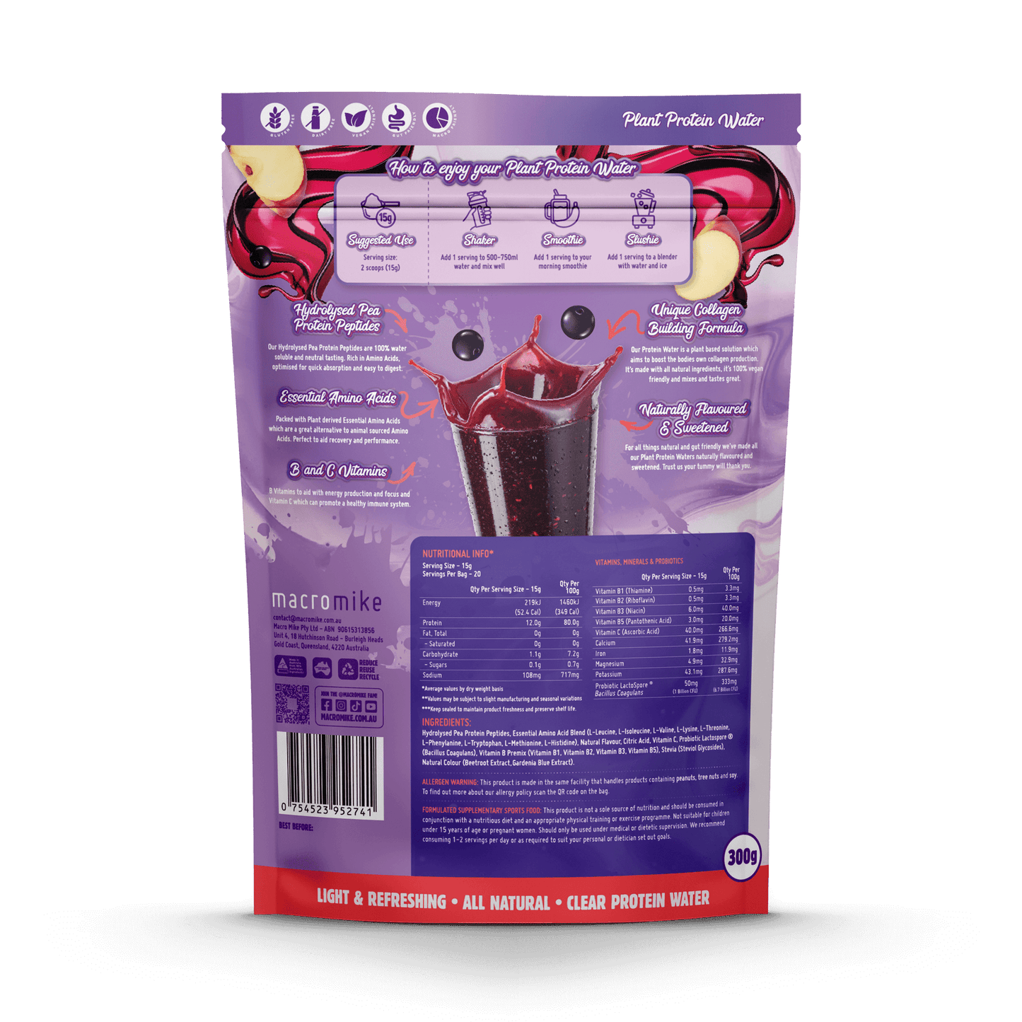Macro Mike Plant Protein Water Apple Blackcurrant 300g MACRO MIKE