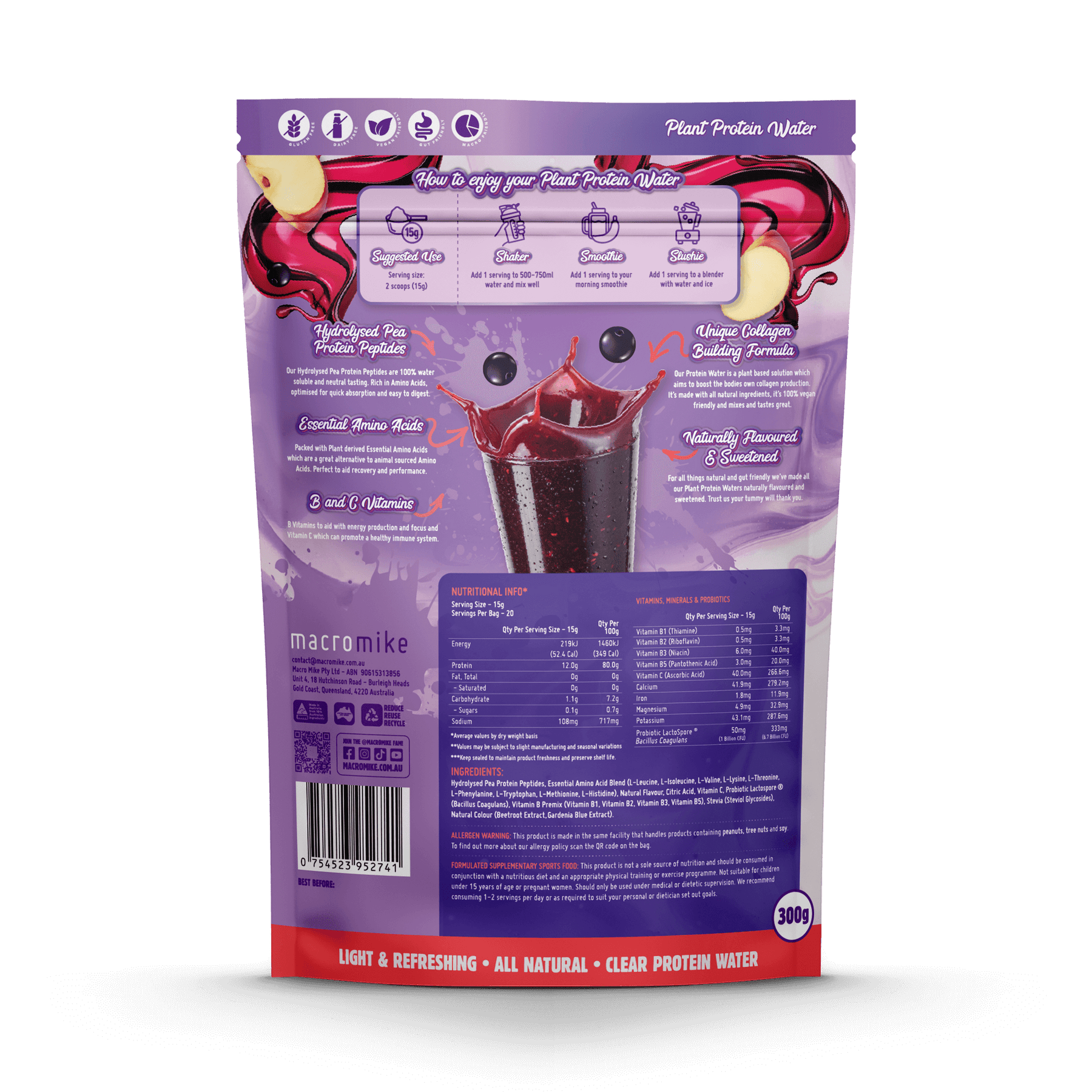 Macro Mike Plant Protein Water Apple Blackcurrant 300g MACRO MIKE