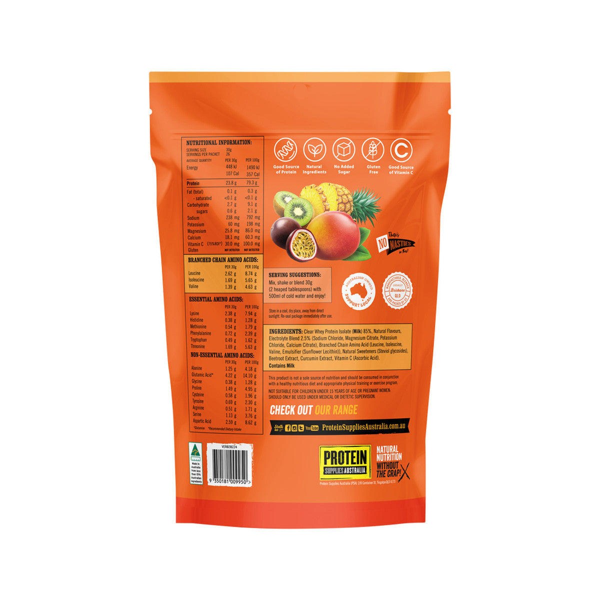 Protein Supplies Australia Protein Water (contains Electrolytes + BCAAs) Tropical Punch 800g - Cutprice Online