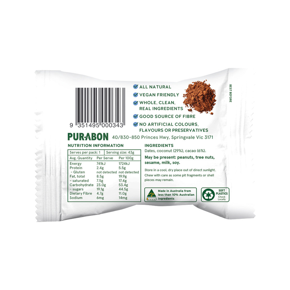Purabon Wholefood Balls Coconut Cacao 43g(Pack of 12) - Cutprice Online
