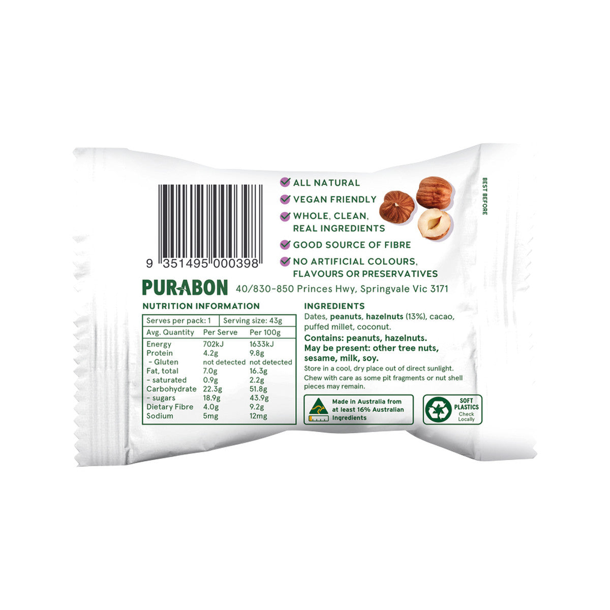 Purabon Wholefood Balls Hazelnut Cacao 43g(Pack of 12) - Cutprice Online