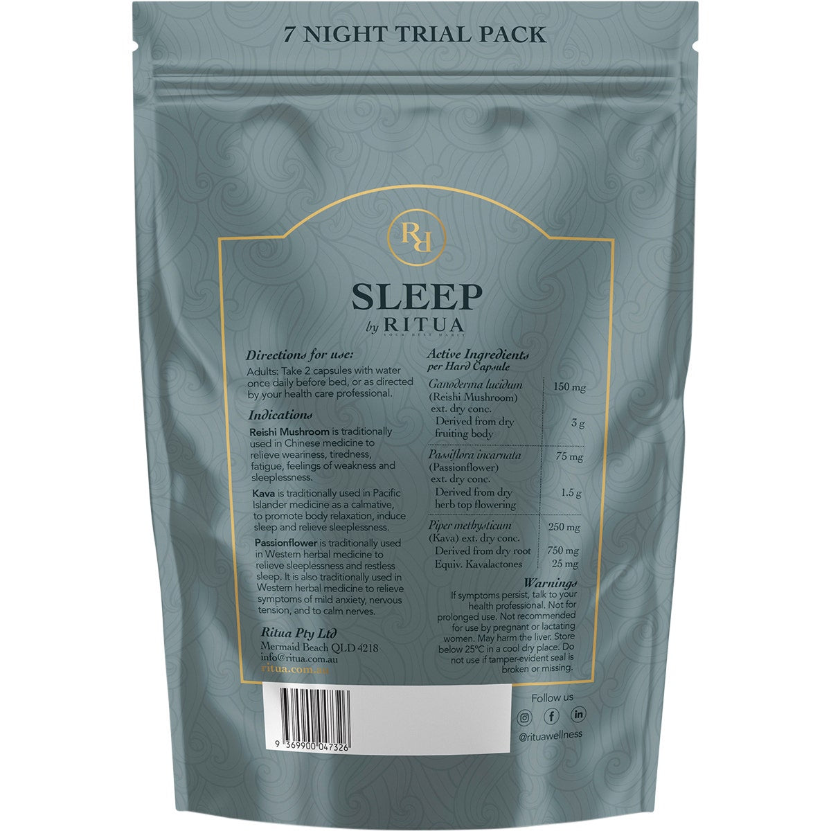 Ritua SLEEP Trial Pack Reishi Mushroom Passionflower Kava 14 Caps - Cutprice Online