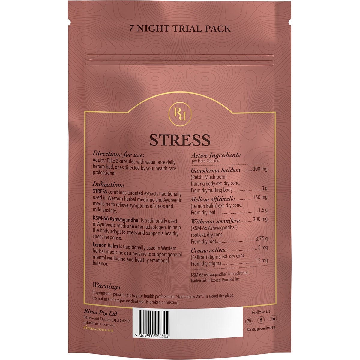 Ritua Stress 7 Day Saffron Ashwagandha Lemonbalm Reishi 14 Caps - Cutprice Online