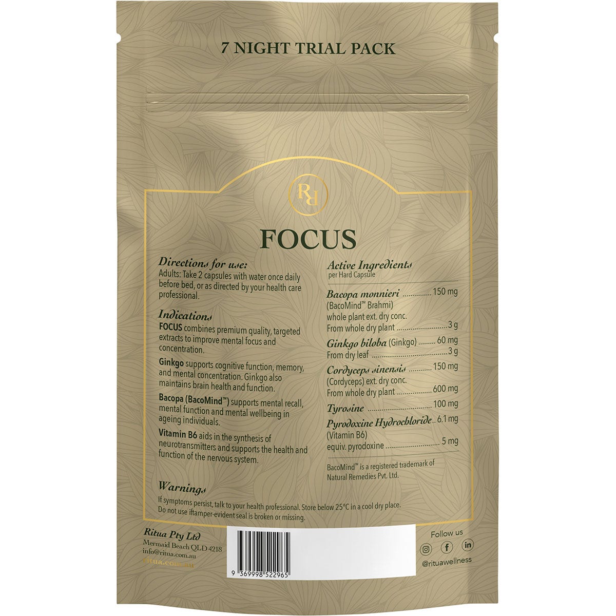 Ritua Focus 7 Day Bacomind Ginko Cordyceps Tyrosine B6 14 Caps - Cutprice Online