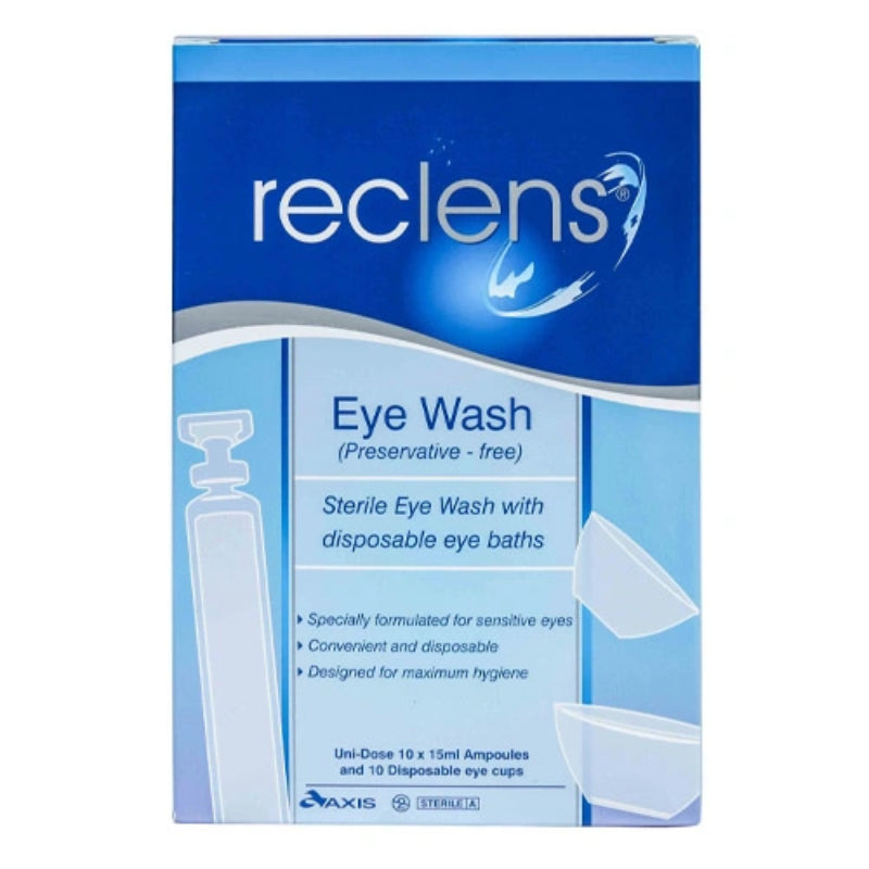 Reclens Saline Eye Wash Preservative Free Ampoule 10 X 15ml + 10 Eye Cups - Cutprice Online
