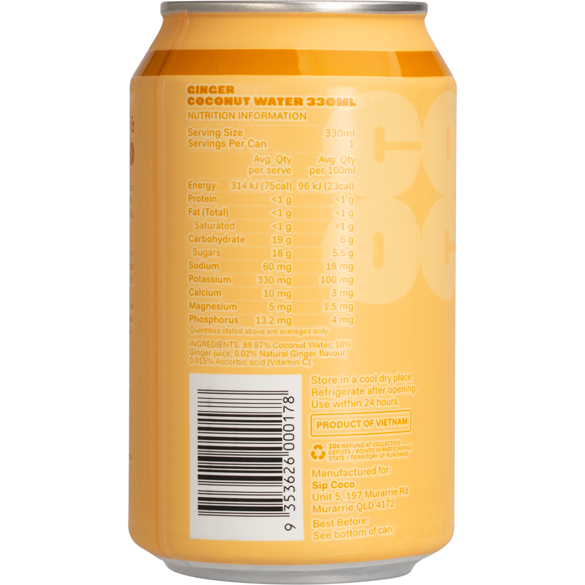 Sip Coco Ginger Coconut Water 330ml x 12 Pack